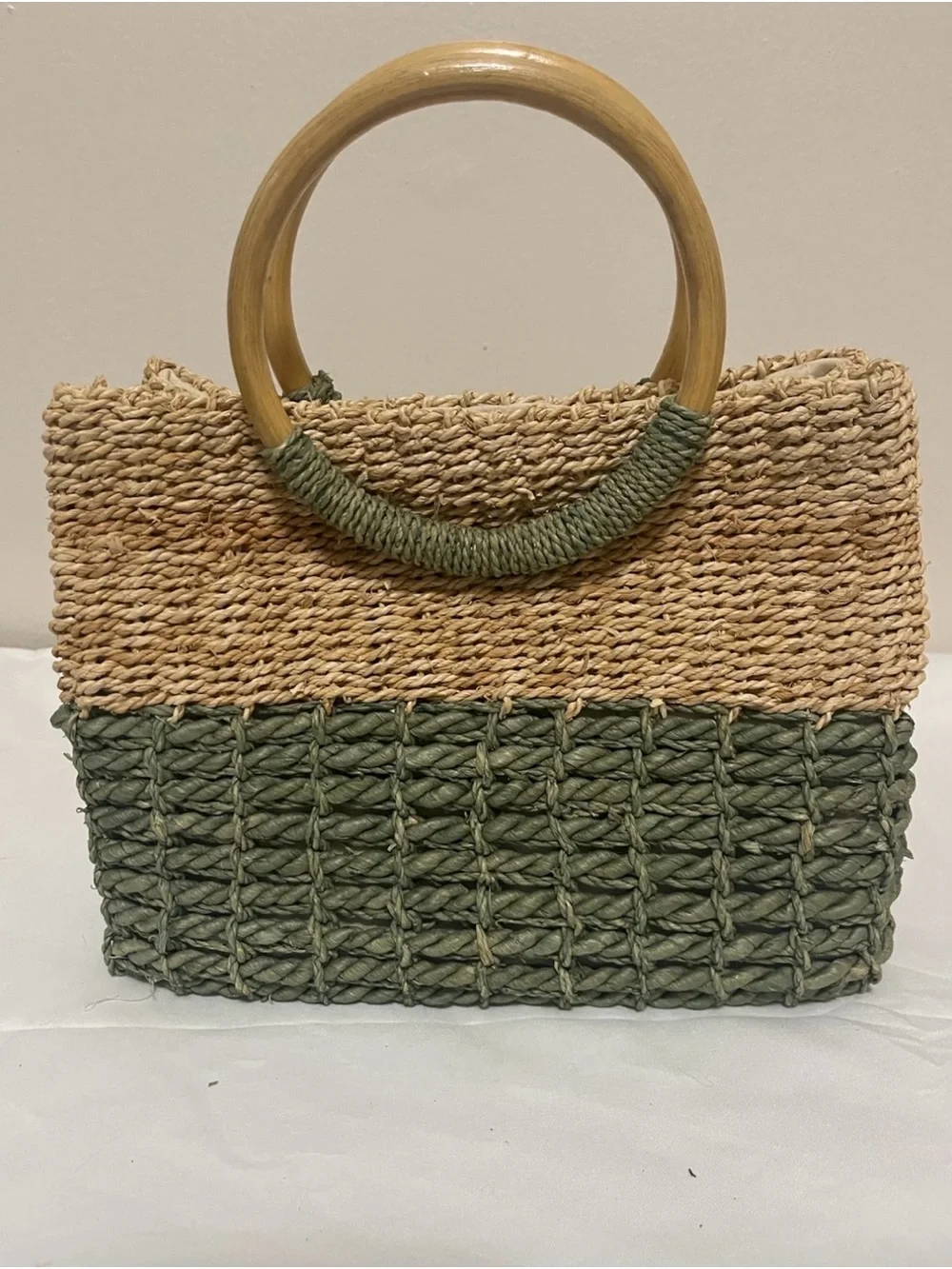 Woven Two-Tone Straw Tote Bag with Wooden Handles - Olive & Natural
